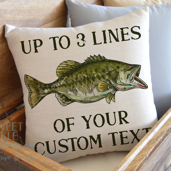 Personalized Fish Pillow with Largemouth or Smallmouth Bass and Up To Three Lines of Custom Text, Fishing Decor for Your Home, Cabin or RV