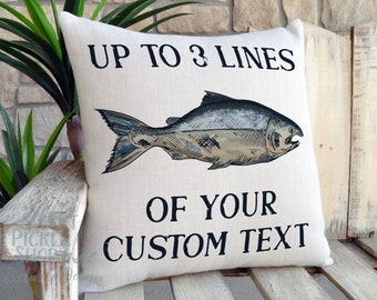 Personalized Fish Pillow with Kokanee Salmon in Blue/Gray or Red, Up To Three Lines of Custom Text, Fishing Decor for Your Home, Cabin or RV