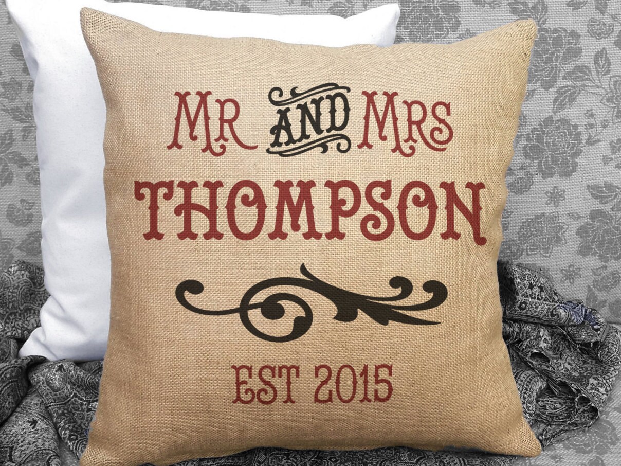 Custom Mr and Mrs Burlap Wedding Pillow Personalized with Your