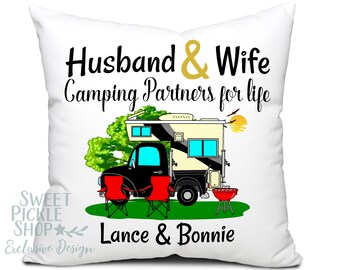 Personalized Camping Themed Pillow, Husband and Wife Camping Partners for Life, with 1 Line of Custom Text, 18" Square