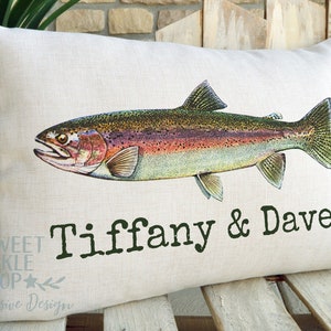Personalized Rainbow Trout Pillow Cover, Trout Fishing Enthusiast Gift, Trout Art for Your Cabin or Man Cave, Custom Fish Pillow