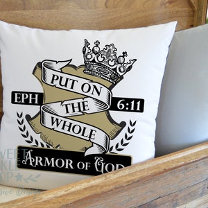 Put On the Whole Armor of God Ephesians 6:11 Christian Pillow Religious Bible Verse Décor image 1