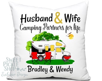 Personalized Pillow, Husband and Wife Camping Partners for Life with Class C Motorhome Graphic, 18"x18"