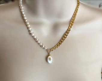 Mother of Pearl CZ Initial Pendant 18k gold fill Chain & Freshwater Pearl Necklace