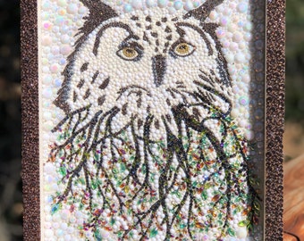 The Great Horned Owl with Branches and leaves with flatback crystals