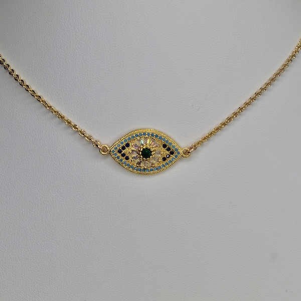 A Jeweled Evil Eye Pendant with Emerald CZ, Simulated Sapphires & Blue Opal's on 18k gold filled Sunburst Chain