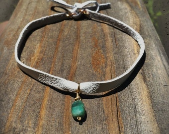 Rachael's White Leather Choker with Emerald,  Citrine or Turquoise