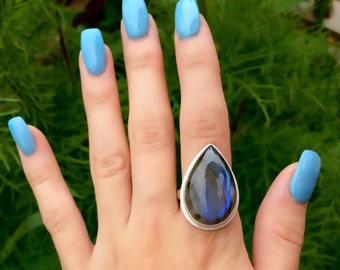 Gorgeous Blue Flash Teardrop Labradorite Ring Sterling Silver Ring - Size 9