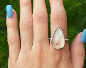 Golden Copper Rutile Quartz Teardrop Shaped Sterling Silver Ring - Size 8