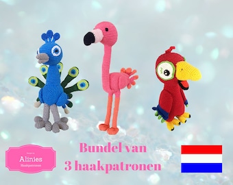 Bundel van 3 vogels amigurumi patronen haak tutorials pdf Pauw, Flamingo, Papegaai in het Nederlands