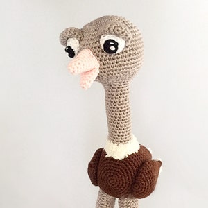 May include: A crocheted stuffed ostrich toy with a long neck, brown body, and white collar. The toy has large black eyes and a pink beak.
