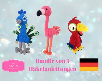 Bundel van 3 vogels amigurumi patronen haak tutorials pdf Pauw, Flamingo, Papegaai in het Duits