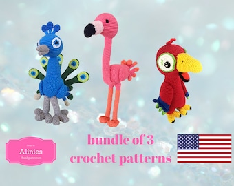 Bundle of 3 birds amigurumi patterns crochet tutorials pdf Peacock, Flamingo, Parrot