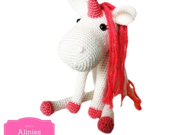 amigurumi crochet Pattern of a cute Unicorn in a PDF file clearly described with photos in Dutch Deutsch and English US terms