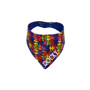 Personalized Puzzle Pieces Dog Bandana,  Embroidered reversible dog scarf with snaps.