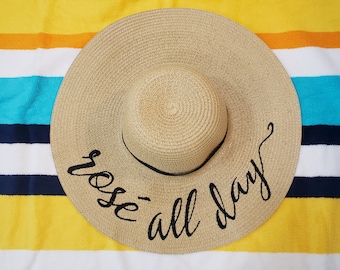 Embroidered Rosé All Day Floppy Beach Hat, Personalized Sun Hat, Wide Brim Hat, Floppy Sun Hat, Bachelorette Hat