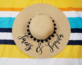 Embroidered Tacos & Tequila Floppy Beach Hat, Personalized Sun Hat, Wide Brim Hat, Floppy Sun Hat, Bachelorette Hats