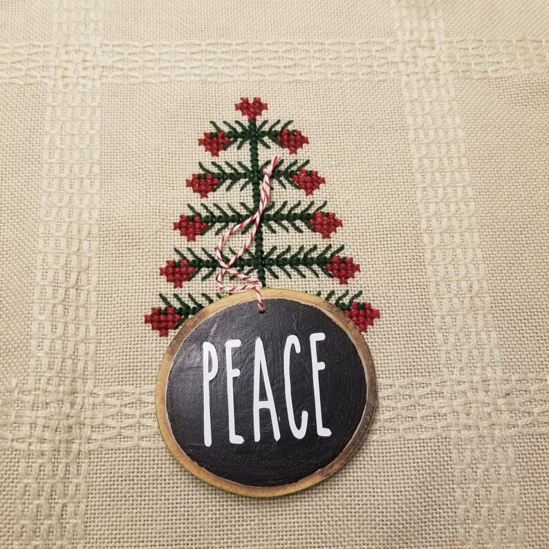 Christmas Ornaments Farmhouse style Rustic Decor Four Rae Dunn inspired Wood Slice Ornaments