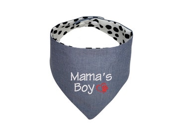 Mama's Boy Embroidered Dog Bandana,  Summer Reversible Bandana with Snaps.