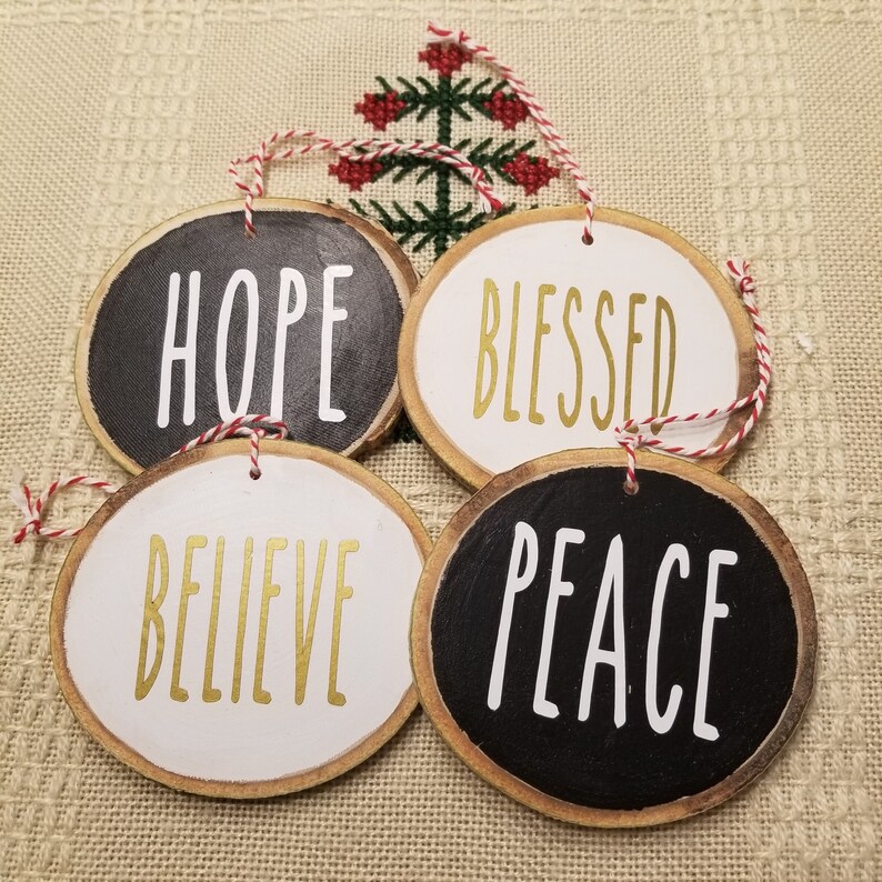 Christmas Ornaments Farmhouse style Rustic Decor Four Rae Dunn inspired Wood Slice Ornaments