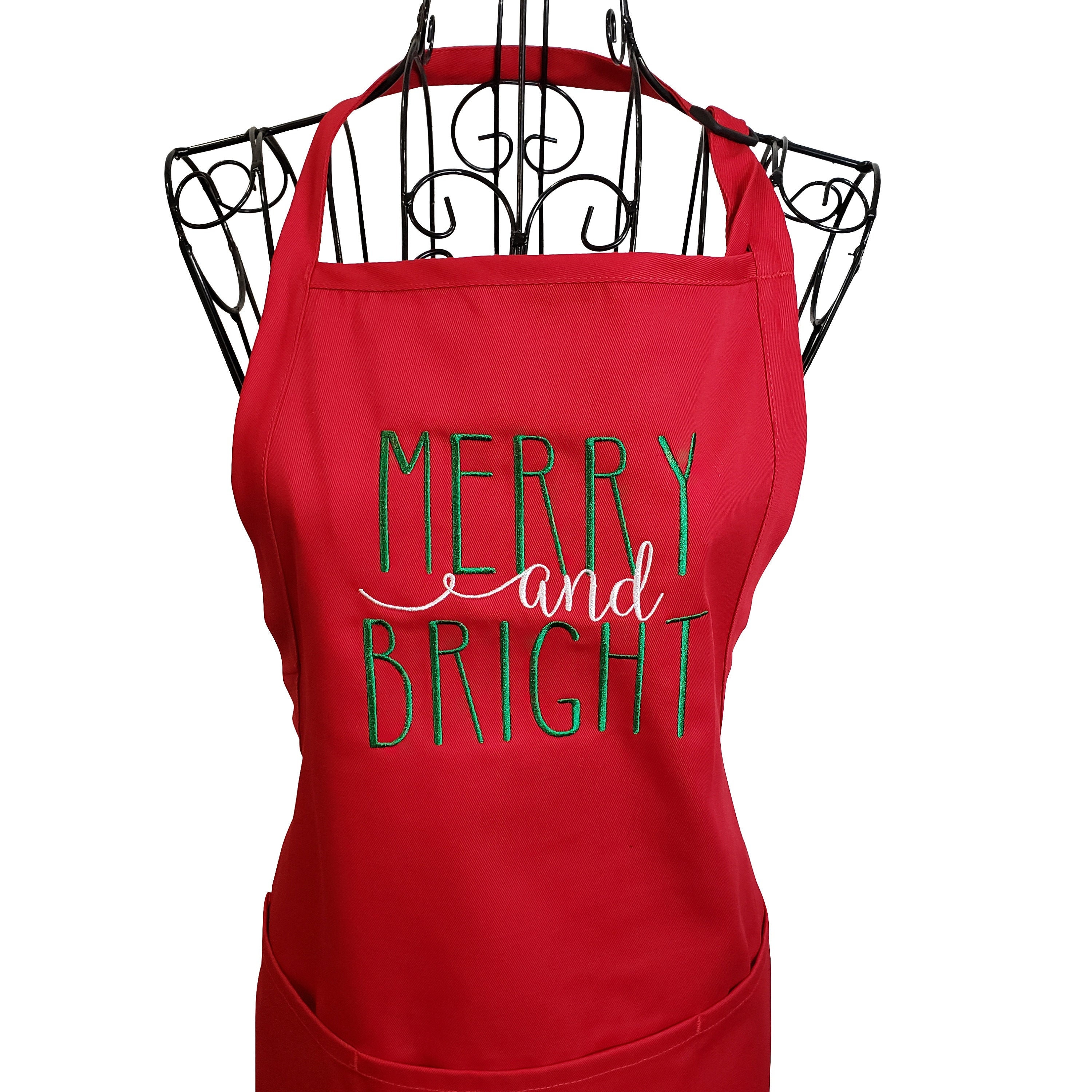 Merry and Bright Embroidered Christmas Apron Christmas Apron Etsy
