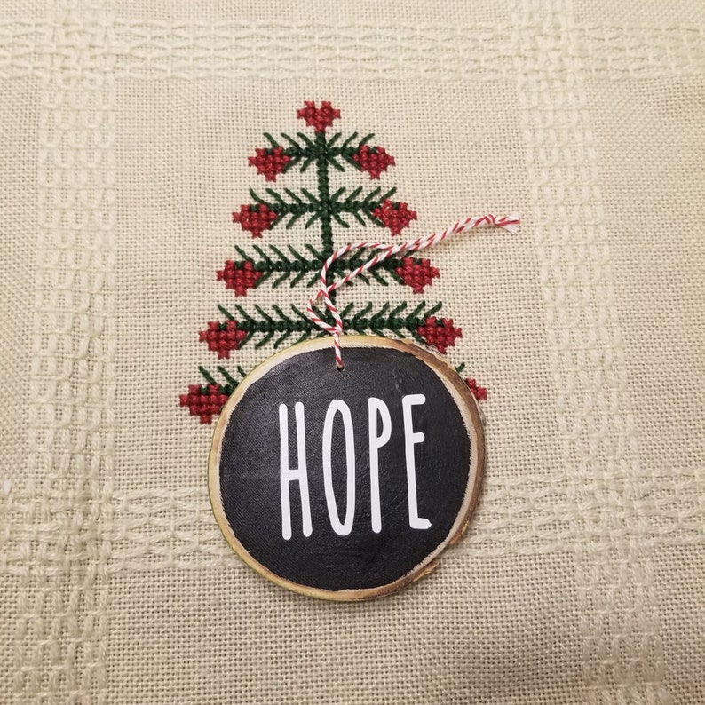 Christmas Ornaments Farmhouse style Rustic Decor Four Rae Dunn inspired Wood Slice Ornaments