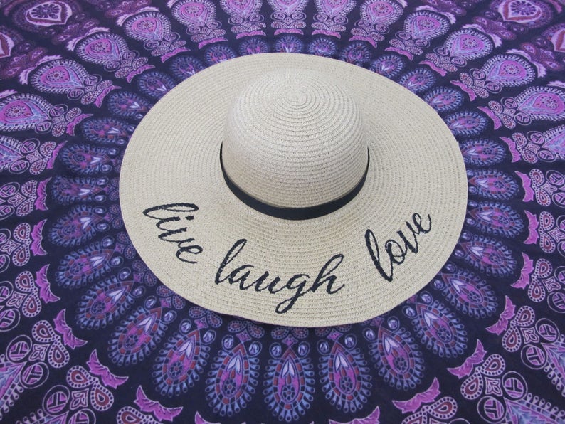 Embroidered Live Laugh Love Floppy Beach Hat Personalized Sun Hat Wide Brim Hat Bachelorette Hats Floppy Sun Hat