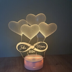 Lámpara de ilusión 3D personalizada con nombres de pareja y fecha: luz nocturna LED romántica como regalo para bodas o aniversarios