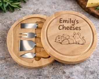 Personalised Cheese Board with Knives, Engraved Wooden Cheeseboard
