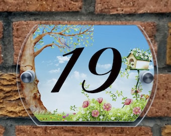 Personalized Acrylic House Number Plaque, Illustrated Whimsical Sign