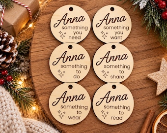 Christmas gift tags. Personalised Christmas Gift Tags, Something You Want Need Wear Read Do Share, Wooden Christmas Present Tags