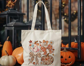 Bolsa de mano con estampado de calabaza otoñal y lazo