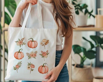 Bolso de mano con estampado floral de calabaza otoñal – Bolsa de compras reutilizable de poliéster