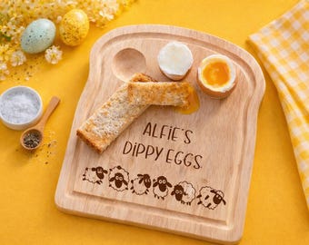 Personalised Dippy Egg Board for Kids – Farm Animal Breakfast Board – Wooden Egg and Soldiers Plate – Engraved Gift for Children