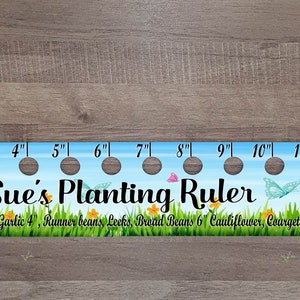 May include: A blue and green planting ruler with butterflies and flowers. The ruler is marked in inches from 1 to 12. The text on the ruler reads "Sue's Planting Ruler" and lists planting distances for various vegetables.