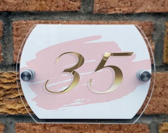 Personalized Pink Acrylic House Sign with Gold Number
