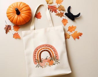 Bolsa de mano con estampado de calabaza arcoíris otoñal