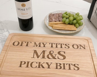 M&S picky bits snijplank, snijplank van mijn tieten, charcuterieplank grappig