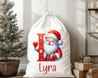 Saco de Papá Noel personalizado, bolsa de regalo navideña con inicial festiva