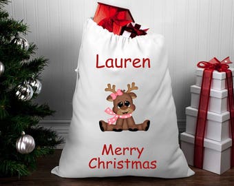 Personalized Christmas Sack: Reindeer Design, Linen or Polyester