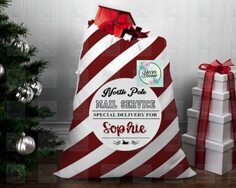 Personalized Red Striped Santa Sack: Glitter Name, Christmas Toy Sack