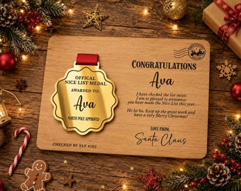 Personalised Santa Nice List Medal | Official Christmas Nice List Award | Engraved Wooden Certificate | Christmas Eve Gift for Kids