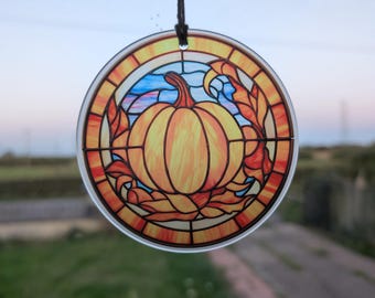 Pumpkin Sun Catcher – Autumn Window Hanging Decoration, Stained Glass Effect Acrylic Ornament, 100mm Round Fall Autumn Decor