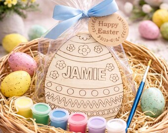 Personalised Wooden Easter Egg Paint Kit, Kids Craft Activity, Easter Basket Filler
