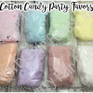 May include: Eight individual bags of cotton candy in various colors, including pink, blue, green, orange, purple, and white. Each bag is approximately 6 inches tall and 4 inches wide. Cotton Candy Party Favors.