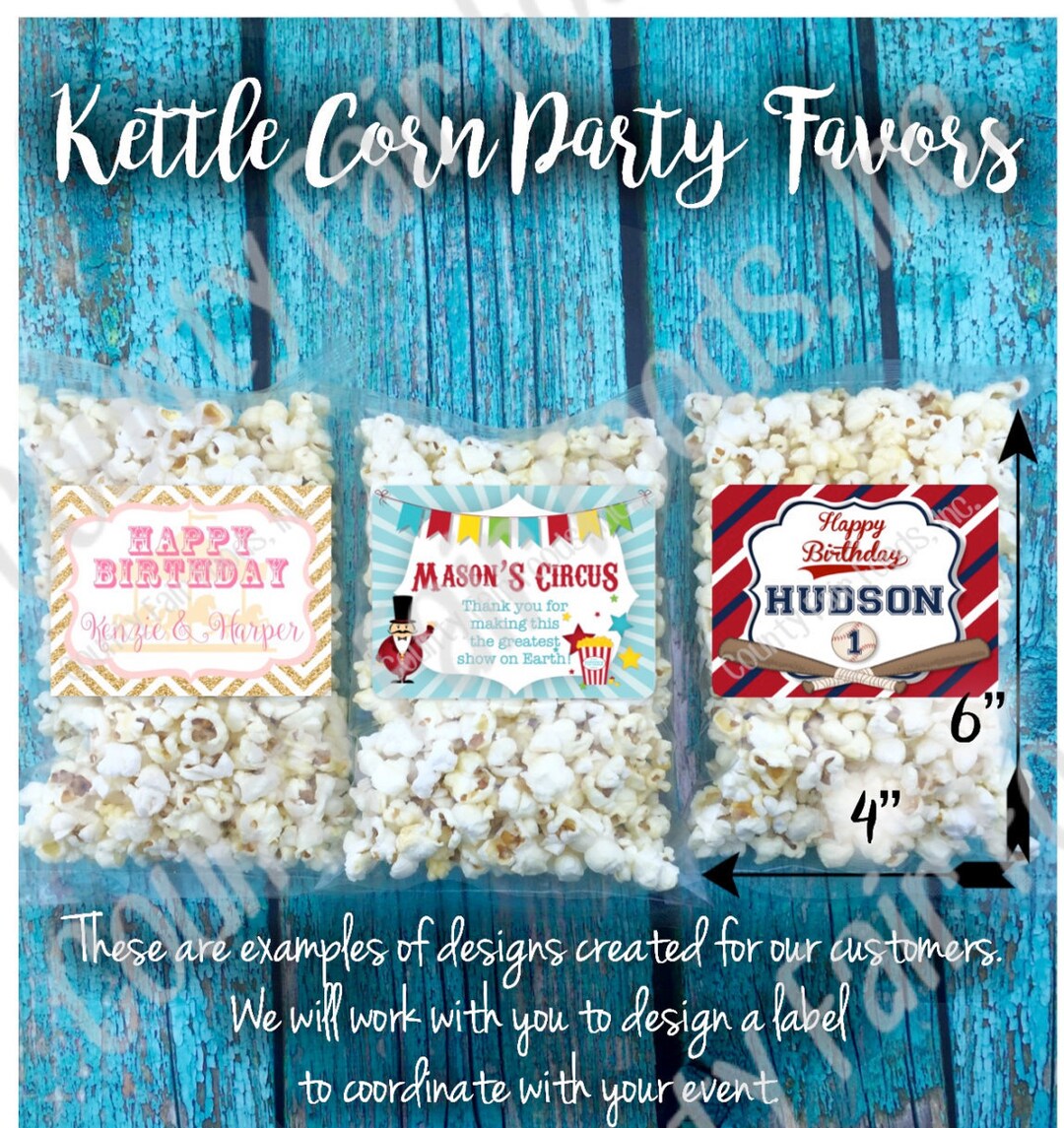 FREE SHIPPING 20 Personalized Kettle Corn Popcorn Party Favors Birthday