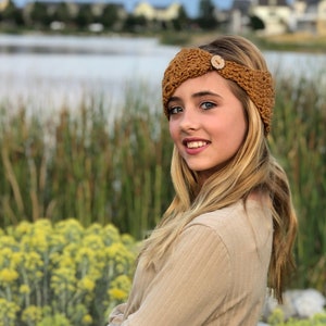 Ear Warmer, AINSLEY Warmer, Honey Color, Knitwear, Crochet Ear Warmer, Knit Headband, Girl&#39;s Warmer, Women&#39;s Headband, Button Closure