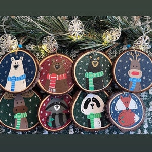 hand painted wood Christmas ornament polar bear fox reindeer raccoon panda moose woodland cute animal gift handmade holiday children kids