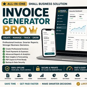 Può includere: Software Invoice Generator Pro visualizzato su un computer portatile, uno smartphone e un tablet. Lo schermo mostra una dashboard esecutiva con grafici finanziari, stato delle fatture e dati aziendali.