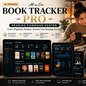 May include: A digital book tracker software interface displayed on a laptop, tablet, and smartphone. The screen shows a library dashboard with book covers, reading statistics, charts, and progress bars. Text includes Premium All-in-One Book Tracker Pro.